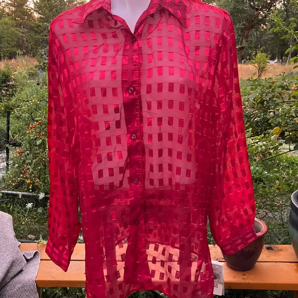 Early 90’s window pane blouse Sheer Red Button-Up long top XL with tags - Picture 1 of 7